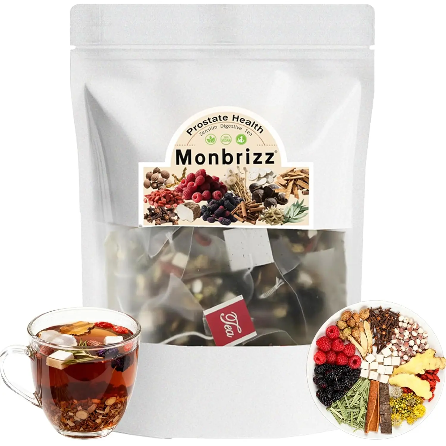 Monbrizz Prostate Herbal Tea for Men, Caffeine Free Herbal Tea Bags with Dandelion Root, Clove, Poria Cocos & Cinnamon, Vegan, Gluten Free, Non-GMO, Traditional Herbal Blend, 20 Tea Bags