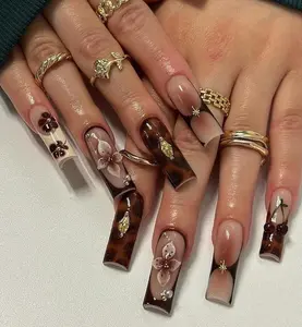 Custom 3D Tortoiseshell Press-On Nails | Fun Space and Floral Details | Hand-Painted Brown and Gold Nails with Cherry Details