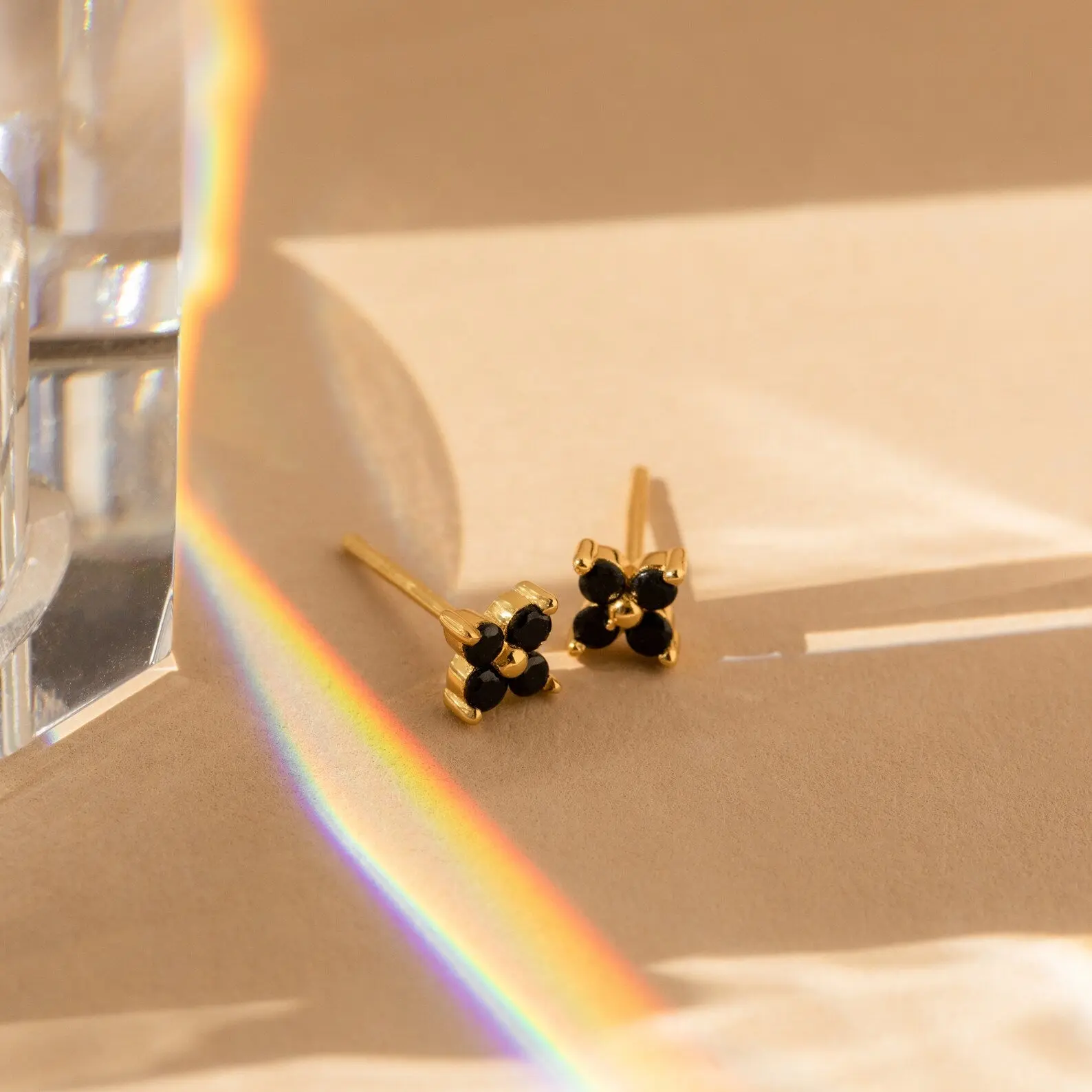 Black Flower Studs by Caitlyn Minimalist - Dainty Black Onyx Floral Stud Earrings - Vintage Jewelry - Best Friend Gift