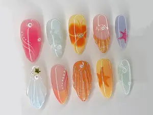 Ocean Theme Press On Nails | Starfish, Shells, Coral Designs | Hand-Painted Underwater Press Ons | Vibrant Stunning Oceanic Summer | J378A