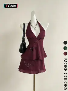 2 Piece Spring Summer Halter Floral Embroidered Set for Women, Sequin Floral Halter Crop Top + Tiered Ruffle Chiffon Mini Skirt, Deep V Neck Backless Slim Fit Two Piece Outfit, Elegant Sexy Versatile Set for Wedding Guest Date Night Prom Club Vacation