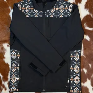 Chamara Soft Shell Jacket with Geometric Pattern on Sleeves and Chest Zipper Closure