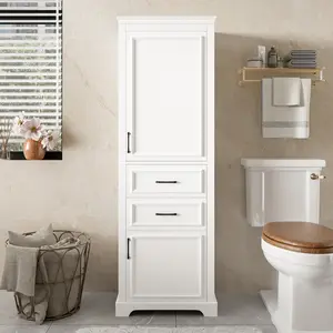 71-inch tall freestanding bathroom vanity with damping-hinge doors and drawers, featuring a modern elegant design. Includes adjustable shelves, a fixed shelf, and space-saving storage. WL RR