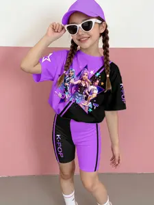 K-Pop New Star Theme Girl Two-Piece Set, Gradient Short Sleeve T-Shirt & High-Waisted Tight Fit Shorts, Casual All Seasons
