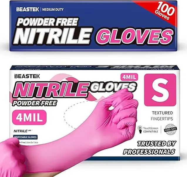 Beastek Nitrile Disposable Exam Gloves, 4Mil 100Ct Powder-Free Latex-Free Food-Safe for Cooking Medical Esthetician, Hot Pink