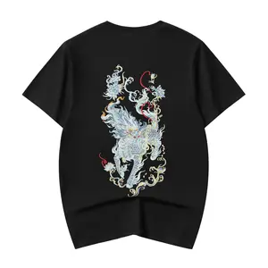 Et517 Niepce Black Japanese Streetwear Blue Kirin Embroidery Graphic Tee for Men