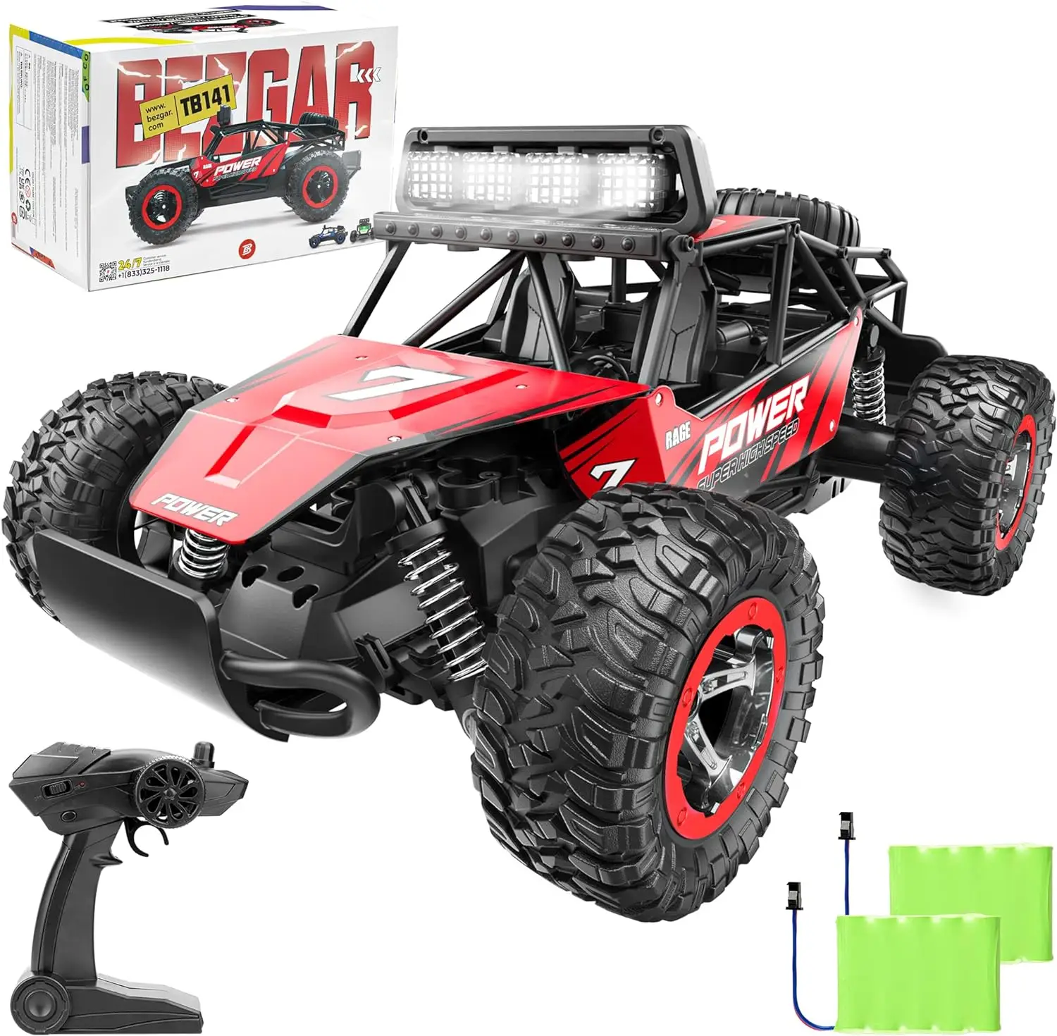 BEZGAR Remote Control Car - 2.4GHz High Speed 33KM/H RC Cars Toys, 1:14 Monster RC Truck Off Road with LED Headlight and Rechargeable Battery Gifts fo