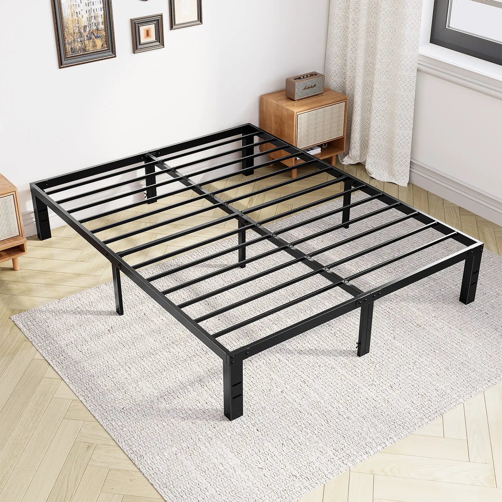 Black Full Size Metal Platform Bed Frame with Steel Slat Support, No Box Spring Needed, Easy Assembly, Modern Furniture