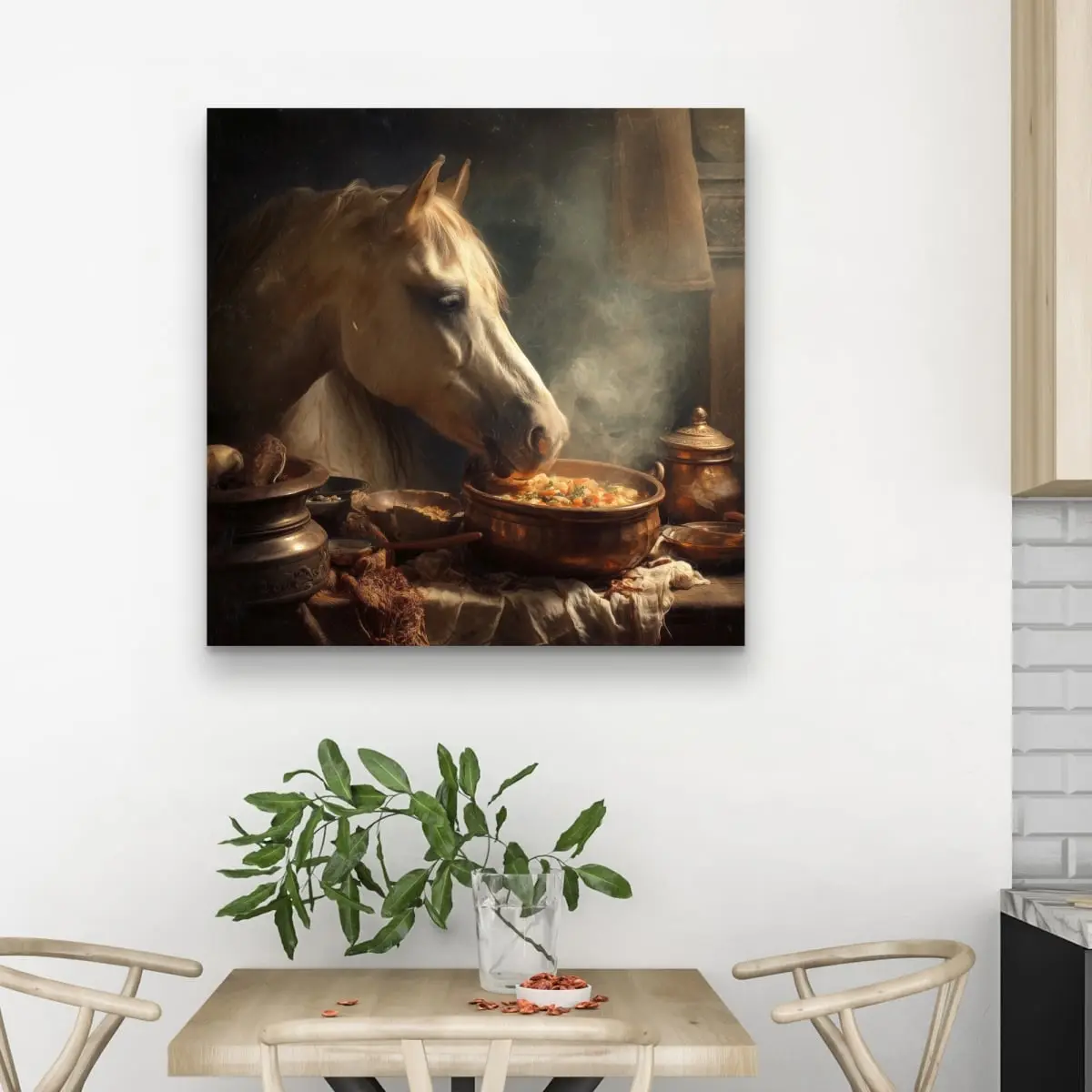 Pictorem C1RC3232USRQMF 32 x 32 in. Horse On Soup - Beige Canvas Wall Art for Elegant Spaces