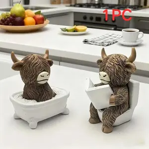 Highland Cow Bathroom Decoration Statue, Fun Toilet Seat Decor with Book, Farmhouse Style, Durable Resin Figurine, Home Decor Accessory, Funny Home Decor, Perfect Gift