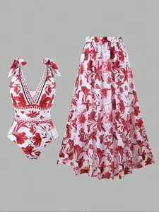 Women's Floral Print Swimdress, Adjustable Strap Swimsuit with Skirt Overlay, Fashion Women's Swimwear for Beach Holiday Vacation