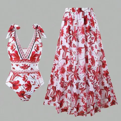 Women's Floral Print Adjustable Strap Fashionable Swimsuit with Skirt Overlay, Fashion Women's Swimwear for Beach and Vacation