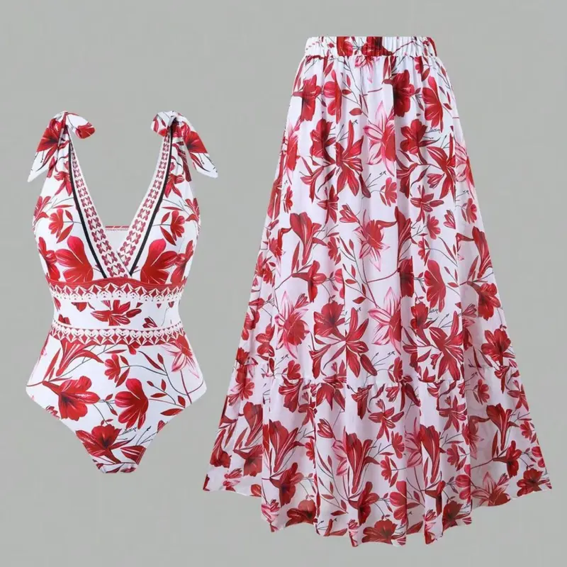 Women's Floral Print Adjustable Strap Fashionable Swimsuit with Skirt Overlay, Fashion Women's Swimwear for Beach and Vacation