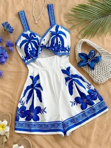 Women's Tropical Print Cutout One-Piece Shorts, Sleeveless Front Knot Beachwear, Summer Tropical Style, Casual Vacation