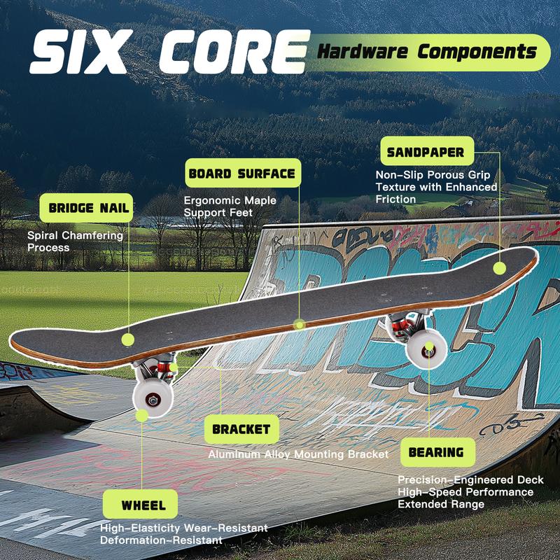 Professional Double Kick Skateboard, 31 inch Maple Deck, ABEC-9 Bearings, 95A PU Wheels, Custom Graphic Design