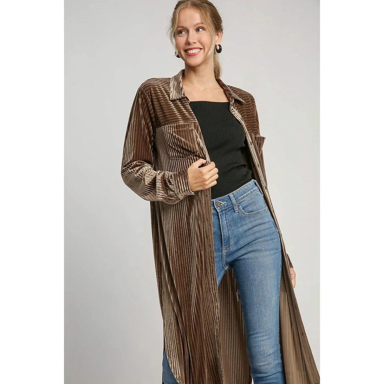 Umgee Button down Shirt Dress with Texture and Curved Hem
