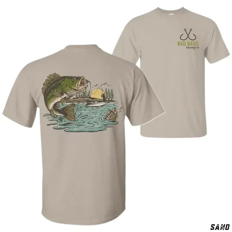 Bad Bass Fishing Co T-Shirt, Bass Fishing Graphic Tee for Men, Large Mouth Bass Lake Design Shirt, Fisherman Gift Idea, Outdoor Fishing Apparel, Lake Life Shirt Unisex Casual Top
