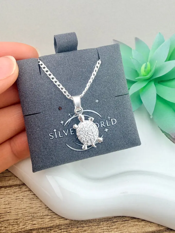 925 Sterling Silver Turtle Necklace, 20 Inch Chain, CZ Turtle Pendant