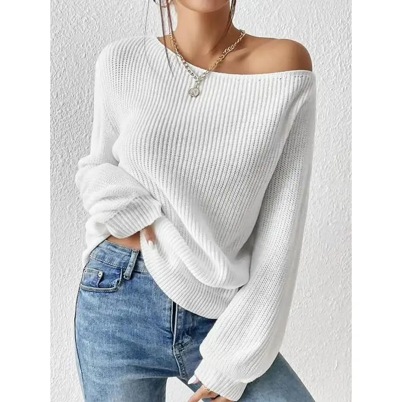 Women's Casual Fitted Pullover, Knit Basic Asymmetrical Neck Drop Shoulder Long Sleeve Tops for Fall-Winter Daily Wear, Cozy Women's Clothes, Long Sleeve Tops Women
