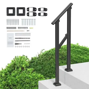 1-2 Outdoor Handrails For Seniors On Porch And Deck, Black Square-Tube Steel, Durable, Weatherproof Stair Rails, Easy Installation, Non-Slip Grip, Heavy-Duty Safety Rails For Steps And Ramps