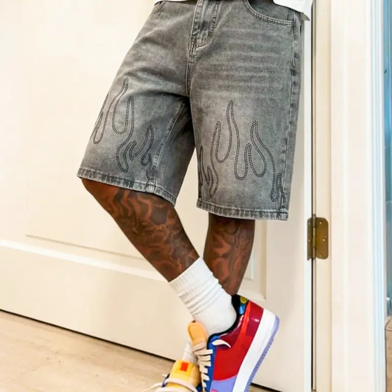 Men's American Vintage Washed Gray Denim Shorts, Menswear Wide-Leg Straight with Flame Print, Y2K Street Style, Streetwear Design, Skate & Hip-Hop Casual Oversized Baggy Relaxed Fit, Gift for Husband or Boyfriend