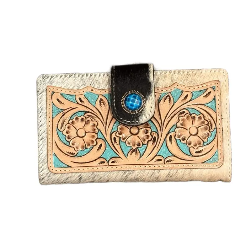 Hand Tooled Leather Wallet Featuring Real Hair on Hide with Floral Embroidery and Turquoise Accents