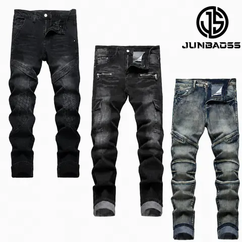 JUNBAOSS Men's Multi Pack Biker Zipper Deco Jeans, Mens Slim Fit Stretch Jeans Ripped Skinny Jeans for Men, Casual Fashion Straight Leg Comfort Flex Waist Cargo Denim Pants, Menswear Trouser Streetwear Jean