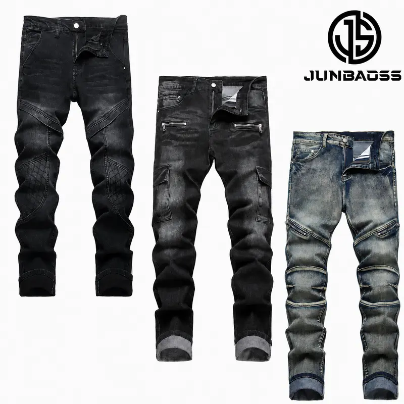 JUNBAOSS Men's Multi Pack Biker Zipper Deco Jeans, Mens Slim Fit Stretch Jeans Ripped Skinny Jeans for Men, Casual Fashion Straight Leg Comfort Flex Waist Cargo Denim Pants, Menswear Trouser Streetwear Jean