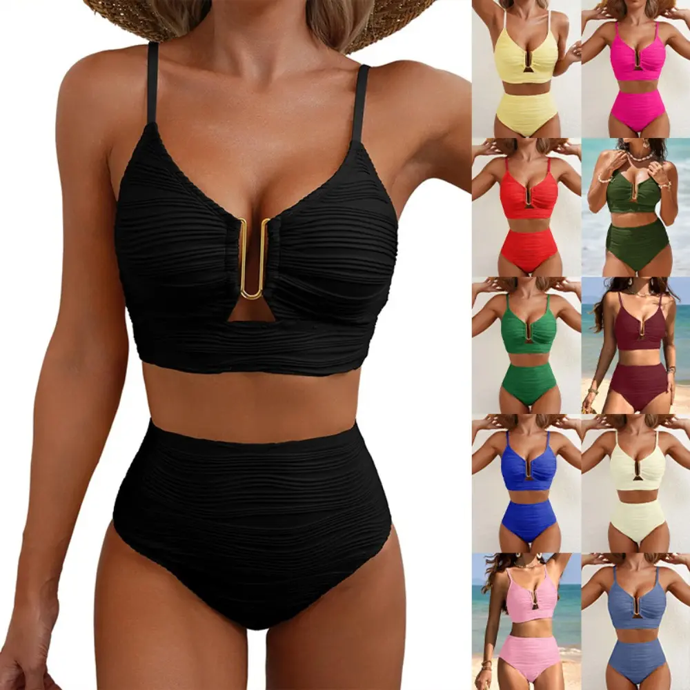 2-Piece U-Wire Cutout High Waisted Textured Swimsuits - 2026 New Tummy Control Slimming Fit Multi-Size Swimwear for 2025 Summer Beach Water Sports