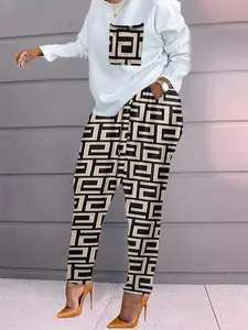 Spring Women's New Fashion Plaid Print Long Sleeve Plus Size Loose Casual Womenswear Set, Ladies' Stylish Outfit Top