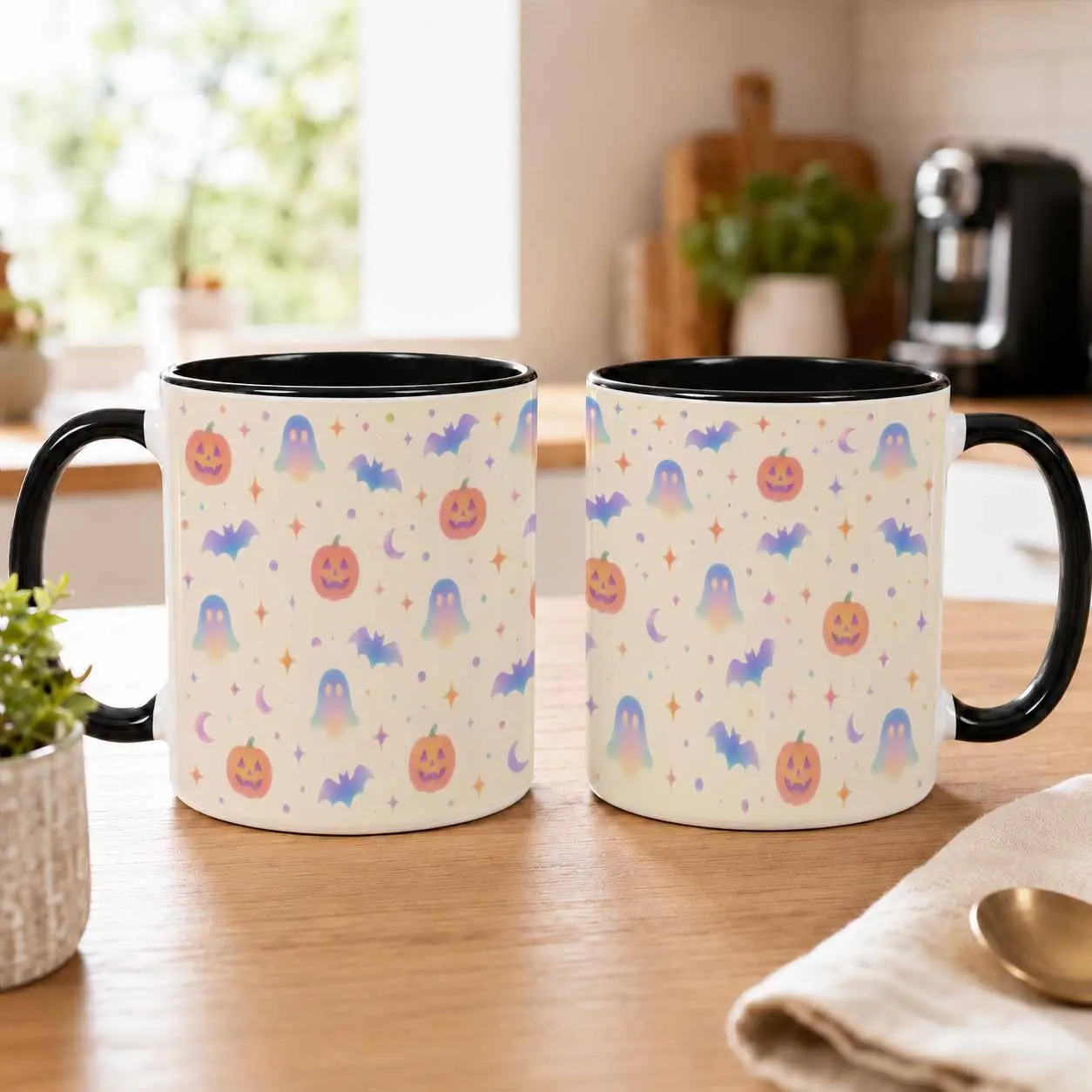 Iridescent Gradient Ghost Print Ceramic Mug (11oz-15oz) - Reusable, Washable Ceramic Body Cup, Microwave-Safe Durable Drinkware, Ideal for Autumn Decor, Office Coffee Breaks, Unique Holiday Gift for Friends