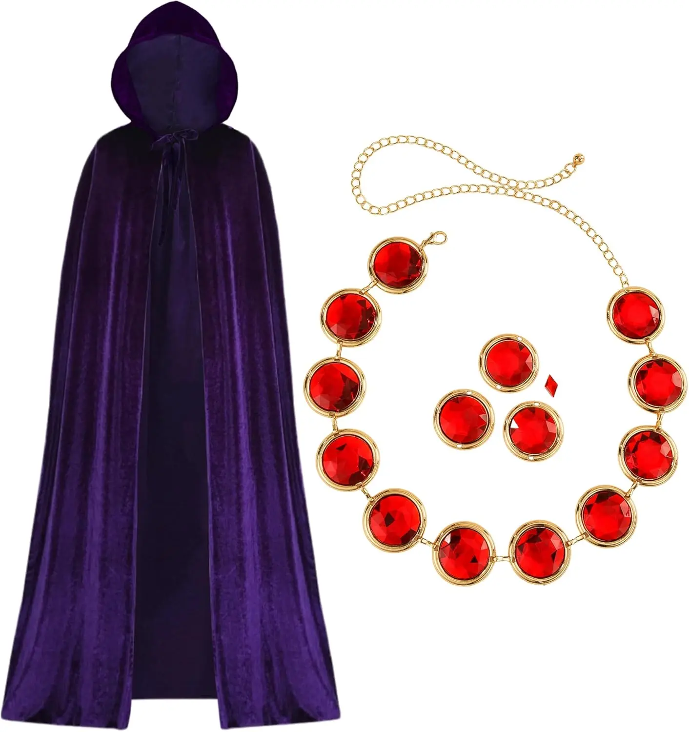 Purple Cape with Red Gem Waist Belt, Purple Cloak with Hood Anime Cosplay Halloween Costume Accessories for Women