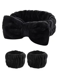 3pcs Black Color Girls Sponge Spa Headband Wristbands Hair Accessories Set For Party Gifts ,Daily Use, Wash Face, Makeup Use Lady Mom