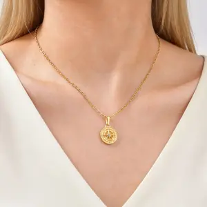 18K Gold Plated Compass Necklace for Women, Vintage Viking Rune Compass Pendant Necklace, Dainty Roman Numeral North Star Necklace with CZ, Waterproof Stainless Steel Nautical Jewelry, Travel Graduation Gift
