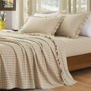 4 count Plaid Ruffle  Bed Sheets,  Gingham  Bed Sheet Set Linen Feel Comfy Breathable Ruffed Plaid Bed Sheets with 16 Inch Deep Pocket, Taupe