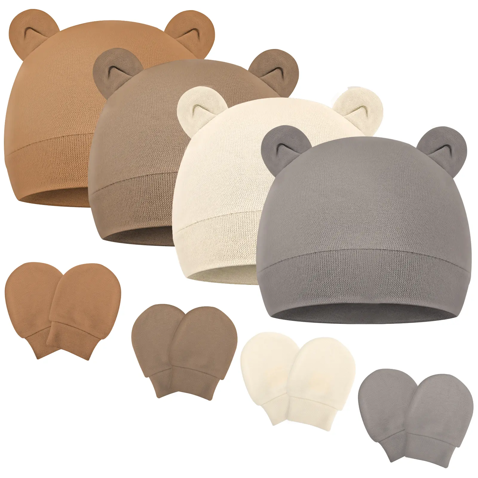 Cotton Infant Caps and Mittens Set, Adorable Bear Ear Beanies for Newborn Baby Boys & Girls, 4 Sets for Matching Outfits, 0-3 Months, Beanies Hats, Elastic, Scratchproof, Unisex, Anti-Allergenic