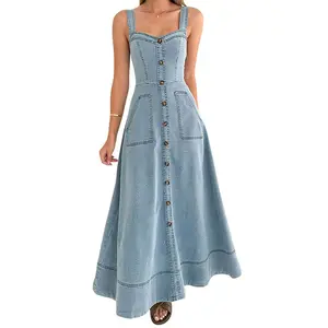 Chouyatou Women's Summer Denim Suspender Dress Adjustable Shoulder Straps Mid-Length A-Line Flowy Denim Button Dress