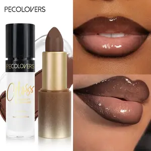 2pcs/set Transparent Lip Oil+Brown Lipstick  Makeup Set PlumpingNatural Nude Tinted Lip Glow Oil Moisturizing Hydrating Long Lasting Lip Glaze