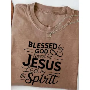 Faith T-Shirt - "Blessed by God Loved by Jesus Guided by Holy Spirit" Religious Print, Soft Washed Cotton Short Sleeve Crew Neck Casual Church Wear, Apparel Gift for (Black)