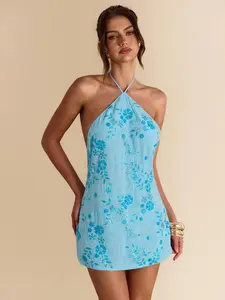 Pure Blue Floral Beaded Elegant Halter Mini Dress For Spring/Summer, Embellished Beaded 3D Flower Dress Suitable For Vacation, Beach, Music Festival, Birthday, Brunch, Wedding Guest Attire,Party Dress