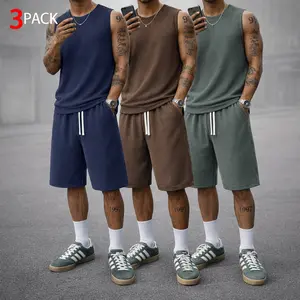 Mens Waffle Knit Set Sleeveless Tank Top and Shorts 2 Piece Outfits Summer Casual Sweatsuit Athletic Gym Apparel Muscle Fit Loungewear Streetwear Beach Vacation Clothes Basketball Training Sportswear Comfort Soft Breathable Co-ord Set 1 2 3 Pack Bundle