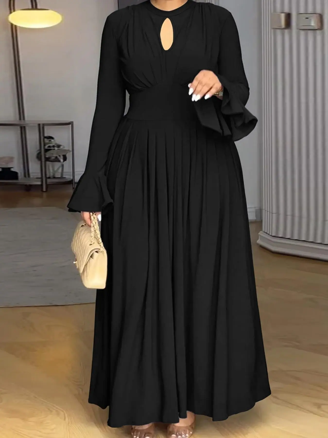 Women's Plus Size Dress, Plain Round Neck Waist Cinch Long Dress, Flared Sleeves, Fashionable and Elegant, Perfect for Dates, Work, Parties - TikTok Shop Women's Plus Size Dress, Plain Round Neck Waist Cinch Long Dress, Flared Sleeves, Fashionable and Elegant, Perfect for Dates, Work, Parties - TikTok Shop
