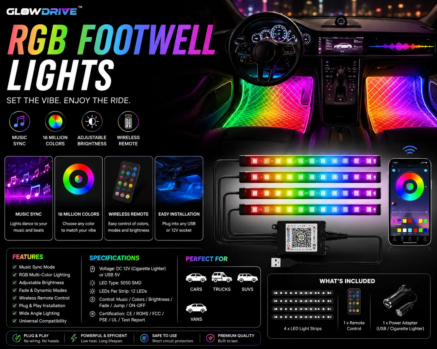GlowDrive™ Ambient LED Floor Lighting Kit for Cars - 4 LED Strips Light, RGB Lights, USB Port, Color Changing, Plug-and-Play, Adjustable Brightness for Car Meets