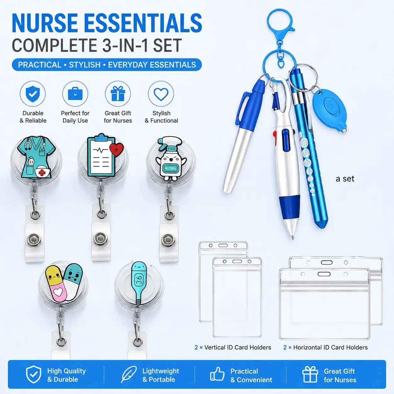 Stretchable Nurse ID Badge Reel with Stethoscope Design, Durable PVC Material, Includes Pen, Marker, Eld Light, Card Holder, for Rns, Lpns