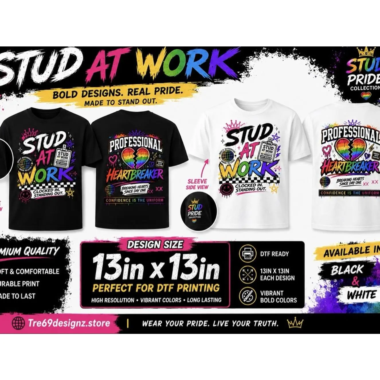 Stud at Work Graphic Tee Shirts in Black & White