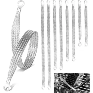 8pcs 10/13/15/20 inch Silver Thicken Copper Braided Grounding Strap Professional Vehicle Engine Automotive Ground Wire for Most Cars