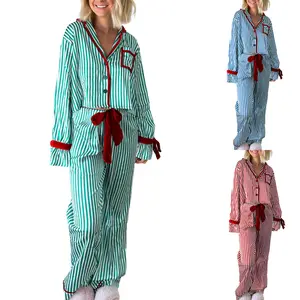 2pcs Womens Striped Christmas Pajama Set Long Sleeve Button-up Crop Cami Tops Bow Long Pants Sleepwear Outfit