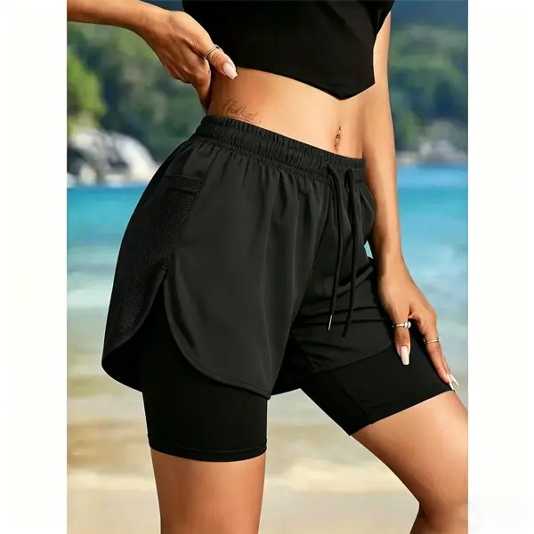 Women’s lightweight summer sports shorts, double-layer running shorts with pockets
