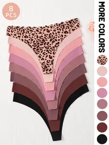 Women's Solid Color/Leopard Print Scallop Trim Thong, Breathable Comfortable Seamless Panty for Daily Wear, Ladies Underwear for All Seasons, Breathable Seamless Knicker