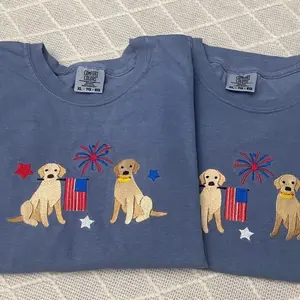 USA 2 golden retrievers doggies embroidered Fourth of July comfort colors T-shirt